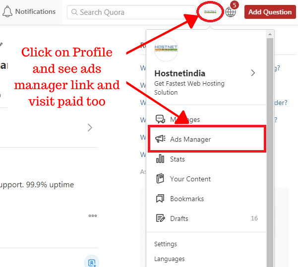 Click on profile and go "ads manager"